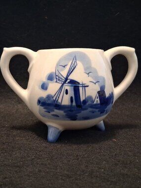 Vintage (1950s-1970s) Delft Style Ceramic Sugar Bowl Hand Painted Windmill Scene